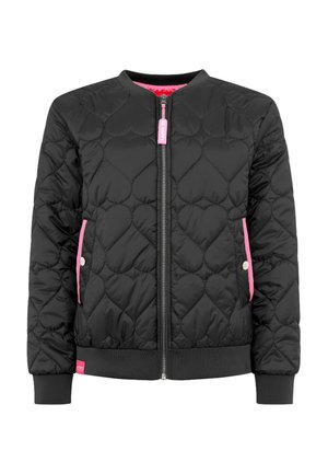 Black quilted bomber jacket with heart stitching, pink zipper pull, pink-trimmed pockets, ribbed cuffs, and hem.