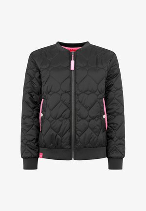 Black quilted bomber jacket with heart stitching, pink zipper pull, pink-trimmed pockets, ribbed cuffs, and hem.