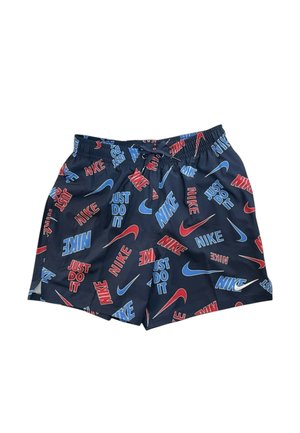 Pantaloncini blu navy con vita elastica e coulisse, ricoperti da loghi Nike rossi e blu, swoosh e motivi con testo "Just Do It".