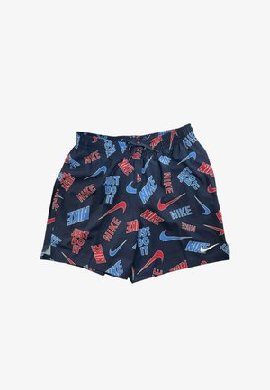 Pantaloncini blu navy con vita elastica e coulisse, ricoperti da loghi Nike rossi e blu, swoosh e motivi con testo "Just Do It".