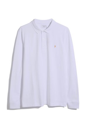 Weißes Langarm-Polo-Shirt aus Baumwolle mit einem Knopfkragen und einem kleinen goldenen Logo auf der linken Brust. Glattes, klassisches Design.