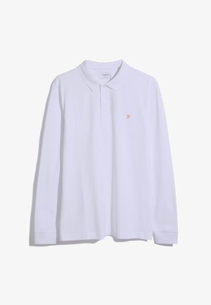 Weißes Langarm-Polo-Shirt aus Baumwolle mit einem Knopfkragen und einem kleinen goldenen Logo auf der linken Brust. Glattes, klassisches Design.