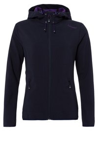 Veste softshell bleu marine foncé avec capuche, fermeture éclair frontale, poches latérales zippées, doublure de capuche violette et logo sur la poitrine gauche.