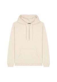 Hoodie couleur crème en tissu doux, doté d'une poche frontale, de cordons de serrage, et de poignets et d'ourlet côtelés. Design simple sans motifs.