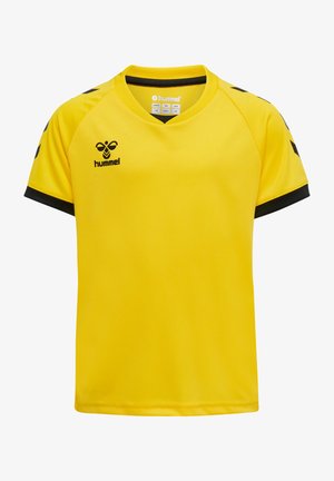 Żółta koszulka sportowa z czarnymi akcentami i krótkimi rękawami. Posiada okrągły dekolt oraz logo Hummel z przodu. Wykonana z miękkiego, lekkiego materiału.