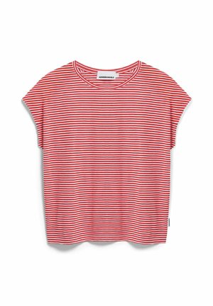 Rot-weiß gestreiftes T-Shirt mit kurzen Ärmeln, rundem Halsausschnitt und lockerem Schnitt. Hergestellt aus weichem Stoff, mit einem kleinen Etikett an der Seite.