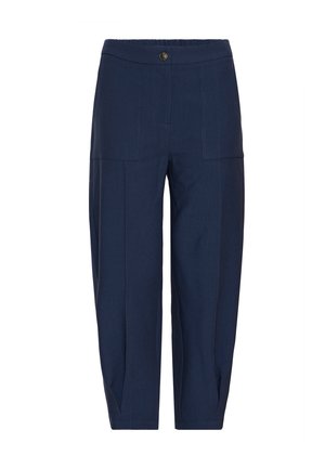 Pantalons bleu marine avec une texture lisse, présentant une fermeture à bouton, deux grandes poches avant et un design de jambe fuselée.