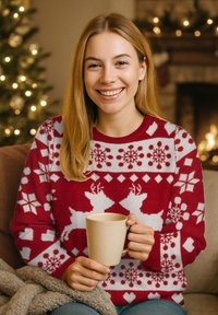 Un maglione di lana rossa presenta motivi di fiocchi di neve bianchi e renne. Una persona tiene in mano una tazza di ceramica marrone chiaro, seduta su una coperta grigia.
