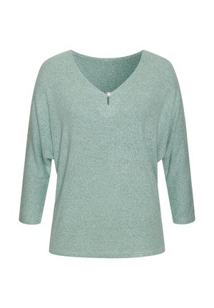 Hellgrünes Langarmshirt mit V-Ausschnitt und kleinem dekorativem Knopf in der vorderen Mitte.