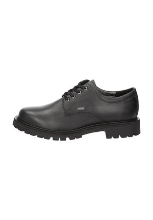 Chaussures noires en cuir à lacets avec une finition lisse, dotées d'un bout arrondi et d'une semelle en caoutchouc texturée pour une meilleure adhérence. Détail de marque discret sur le côté.