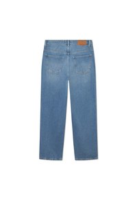 Blue denim jeans featuring a straight cut, high waist, and leather patch on the back. Two rear pockets with faded detailing.