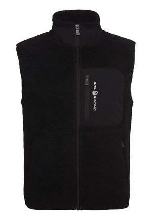 Chaleco negro de forro polar con cuello alto, cremallera frontal y un bolsillo con cremallera. Presenta una tela texturizada y un logotipo en el bolsillo del pecho.