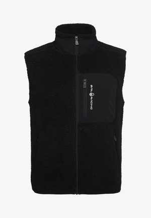 Musta fleece-liivi korkealla kauluksella, edessä vetoketju ja vetoketjullinen tasku. Sisältää tekstuuri-ankkurikudoksen ja logon rintataskussa.