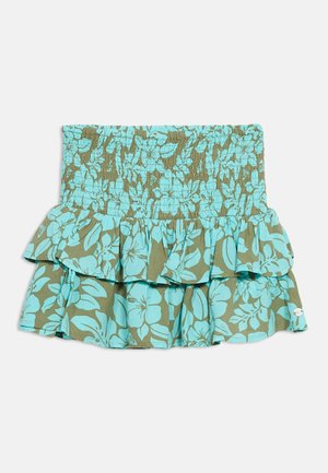 Grüner und türkiser Rock mit Blumenmuster, gerafftem, elastischem Bund und doppeltem Rüschensaum.
