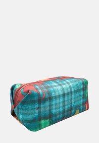 Bustina cosmetica rettangolare con motivo a quadri multicolore. Presenta una chiusura con zip e un tessuto strutturato con colori vivaci e forme astratte.