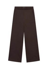 Braune, weit geschnittene Hosen aus weichem Stoff, mit elastischem Bund, seitlichen Taschen und einer glatten Textur ohne ausgeprägte Muster.