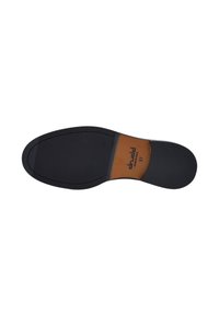 Black shoe sole with textured rubber surface and smooth leather upper. Features a stamped label with size 37.