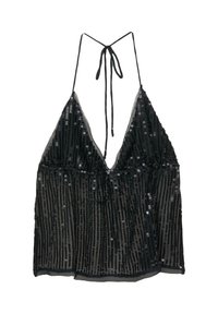 Sort paljett halterneck-top med dyb V-udskæring, gennemsigtigt stof og justerbar snøring i nakken. Har en løs, flydende pasform.