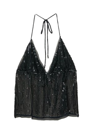Haut à paillettes noires avec un col halter et un décolleté en V profond, en tissu transparent, et un lien ajustable au cou. Présente une coupe ample et fluide.
