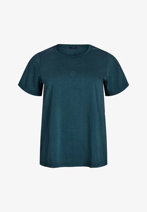 Dark teal short-sleeve t-shirt made of soft cotton. Features a rounded neckline and a subtle embroidered logo on the chest.