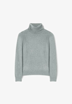 Lichtgrijze turtleneck trui gemaakt van zacht materiaal, met ribbels aan de mouwen en onderkant, subtiele schouderdetails en een getailleerd silhouet.