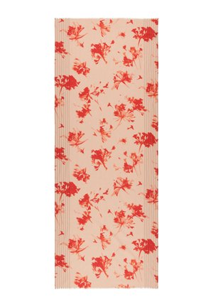 Prostokątny beżowy szalik z rozproszonymi czerwonymi kwiatowymi wzorami i subtelnymi pionowymi przeszyciami wzdłuż krawędzi.