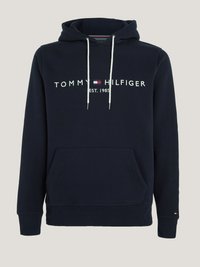 Felpa navy con cappuccio, tasca frontale, coulisse e logo bianco "TOMMY HILFIGER" con un piccolo accento a bandiera. Tessuto morbido e testurizzato.