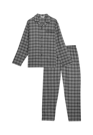 Graues, kariertes Pyjama-Oberteil mit langen Ärmeln, Knöpfen, Kragen und Brusttasche, kombiniert mit passenden Pyjamahosen mit elastischem Bund.