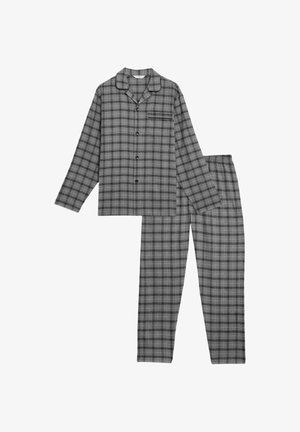 Graues, kariertes Pyjama-Oberteil mit langen Ärmeln, Knöpfen, Kragen und Brusttasche, kombiniert mit passenden Pyjamahosen mit elastischem Bund.
