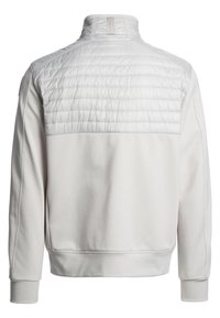 Hellgrauer Sweatshirt mit hohem Kragen, der oben eine gesteppte Textur und einen glatten unteren Stoff aufweist. Mit einer horizontalen Naht akzentuiert.