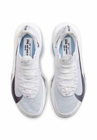 White mesh running shoes with a gray and dark accent, textured upper, and visible laces; features a clear outsole and branding details.