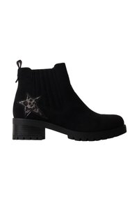 Bottine en daim noir avec petit talon, panneau latéral élastique et patch imprimé léopard en forme d’étoile près du talon.