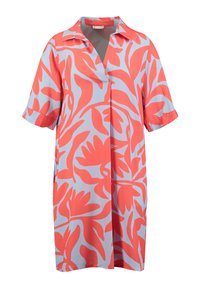 Korallenfarbenes und hellblaues Hemdkleid mit Kragen, kurzen Ärmeln und floralen Mustern. Hergestellt aus einem weichen, leichten Stoff.