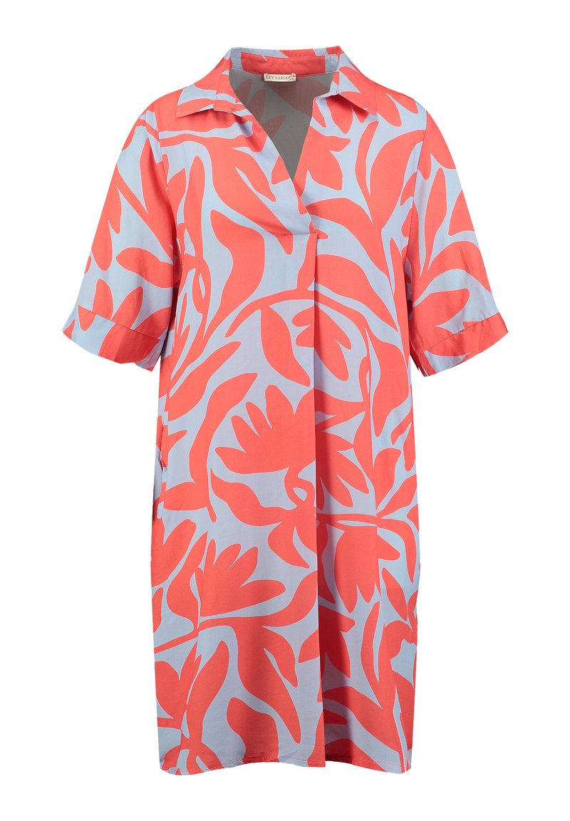 Korallenfarbenes und hellblaues Hemdkleid mit Kragen, kurzen Ärmeln und floralen Mustern. Hergestellt aus einem weichen, leichten Stoff.