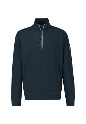 Dunkelblauer, strukturierter Pullover mit hohem Kragen und einem halben Reißverschluss. Verfügt über gerippte Bündchen und ein Logopatch am linken Ärmel.