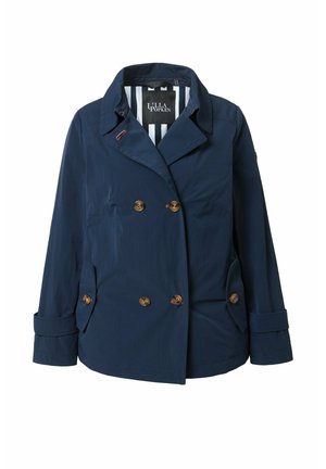 Giacca doppiopetto blu navy con bottoni marroni, ampio colletto, fodera interna a righe e tasche e polsini con bottoni.