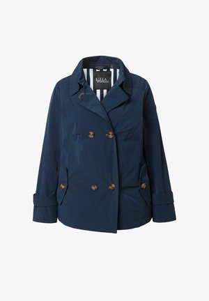 Marineblaue doppelte Jacke mit braunen Knöpfen, weitem Kragen, gestreiftem Innenfutter sowie mit Knöpfen versehene Taschen und Manschetten.