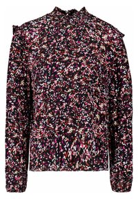 Czarna kwiatowa bluzka z długimi rękawami, z wysokim, falbaniastym kołnierzem i marszczonymi mankietami. Wielokolorowy kwiatowy wzór w odcieniach różu, bieli i fioletu.