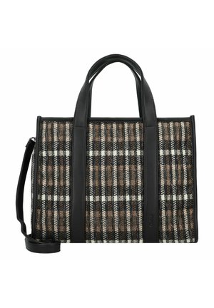 Sac fourre-tout à carreaux présentant un mélange de teintes noires, blanches et brunes ; fabriqué en tissu tissé avec des accents et des poignées en cuir noir.