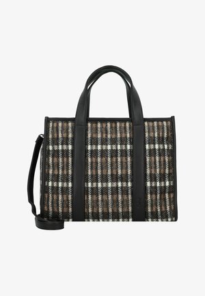 Sac fourre-tout à carreaux présentant un mélange de teintes noires, blanches et brunes ; fabriqué en tissu tissé avec des accents et des poignées en cuir noir.