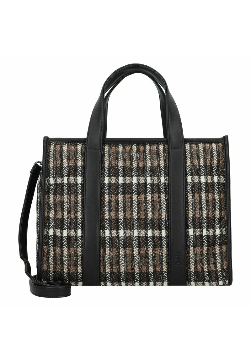 Sac fourre-tout à carreaux présentant un mélange de teintes noires, blanches et brunes ; fabriqué en tissu tissé avec des accents et des poignées en cuir noir.
