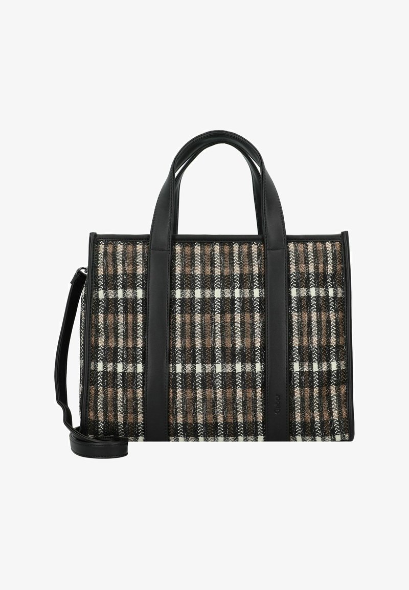 Plaid tote bag featuring a mix of black, white, and brown hues; constructed from woven fabric with black leather accents and handles.