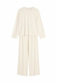 Light cream ribbed loungewear set featuring a long-sleeve top and wide-leg pants. Soft texture with a relaxed fit and subtle logo detail.