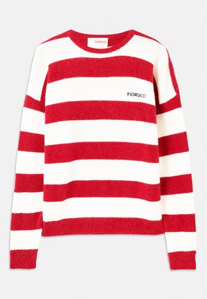 Czerwono-biały sweter w paski wykonany z miękkiego dzianinowego materiału. Posiada okrągły dekolt, długie rękawy oraz małe logo "Fiorucci" na klatce piersiowej.