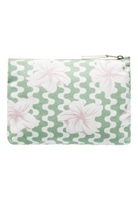 Taška so zipsom na zelenom pozadí, s bielym vlnitým vzorom a ružovým kvetinovým dizajnom. Vyrobená z mäkkej látky s hladkým povrchom.