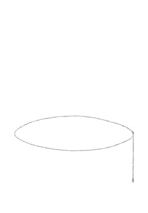 Silver necklace featuring a delicate chain with small beads and a dangling accent. The design is minimalistic and lightweight.