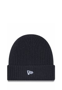 Dunkelblauer Strickbeanie mit umgeschlagenem Saum und einem weißen Logo-Element. Mit strukturiertem Muster und aus weichem Material für Wärme.
