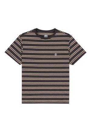 Gestreept T-shirt in een donkere kleur met horizontale strepen in crème, rood en geel. Voorziet in een ronde halslijn en een klein logo op de borst.