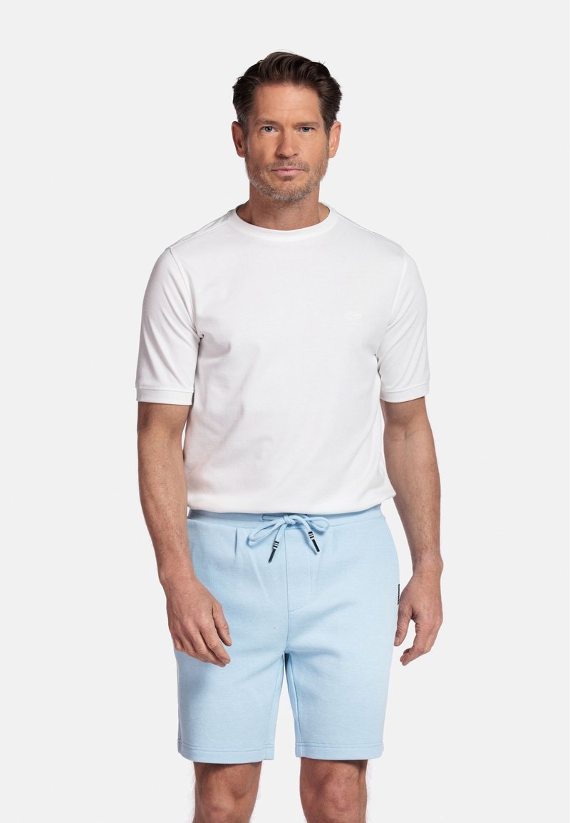 White short-sleeve shirt, crew neck; light blue shorts with drawstring, featuring black accent details near waistband. Casual fit.