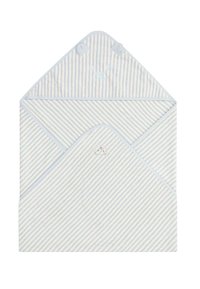 Cotton baby towel with a triangular hood, blue and white stripes, bear design, and rounded ears. Soft texture and stitched accents.